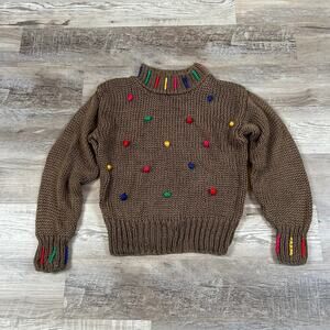 Vintage 90s Knit Sweater Brown Rainbow Nubby Pullover Chunky Acrylic M